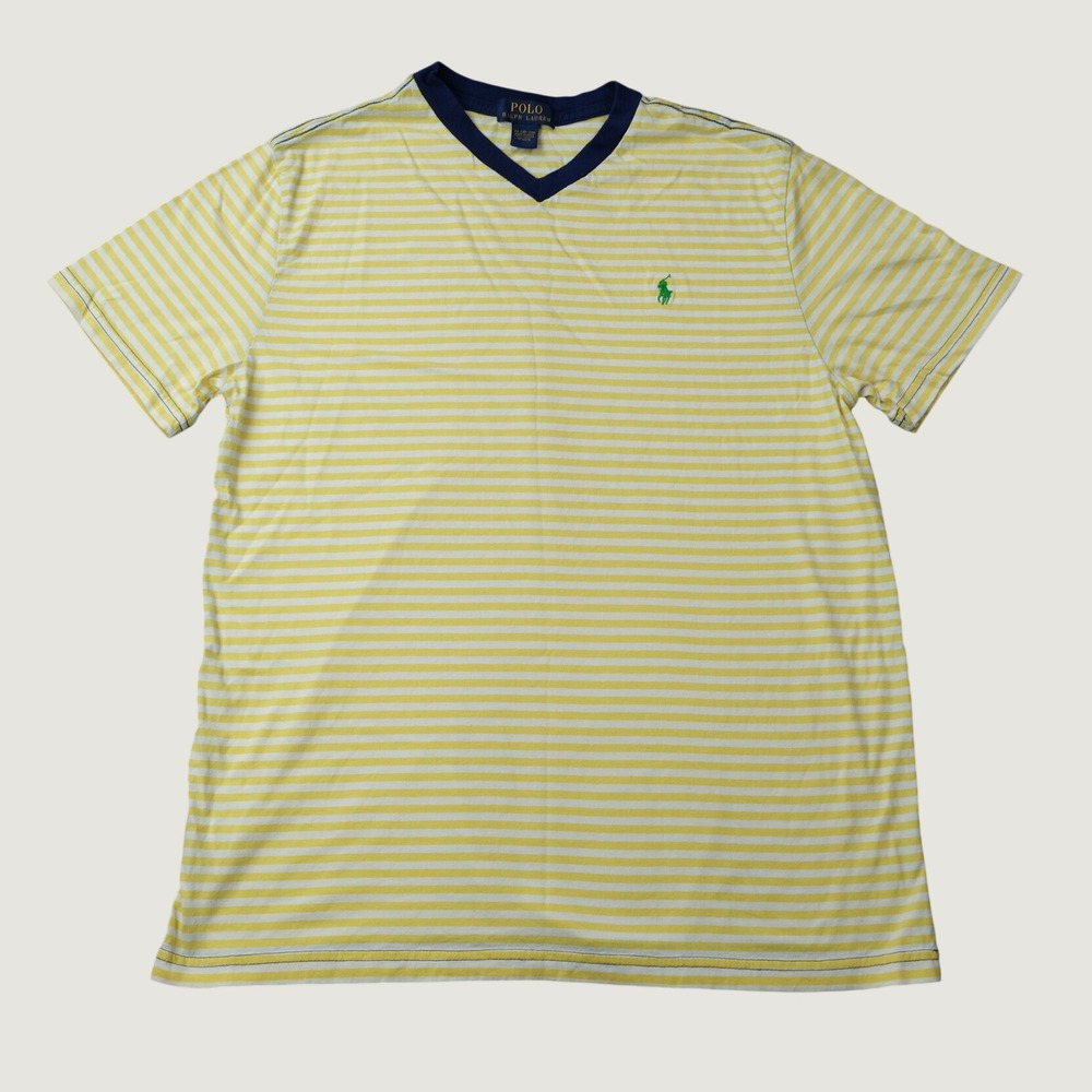 Polo Ralph Lauren T-Shirt V-Neck XL 18-20 Yellow White Striped Cotton Pony Logo